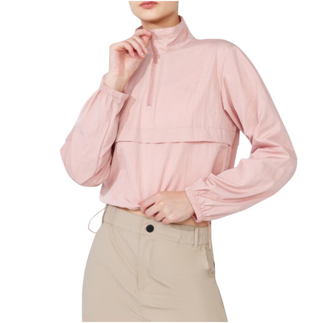 Timegard Hauts pour Femmes Col à Revers Fermeture Éclair Manches Longues Crop Top Cordon de Serrage Randonnée Plein Air Protection T-Shirt