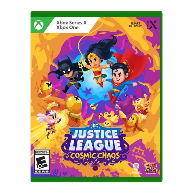 DC’s Justice League: Cosmic Chaos (XBSX) Xbox Series X and Xbox One game cover featuring cartoon versions of Batman, Wonder Woman wielding a lasso, and Superman flying with a red cape, surrounded by animated yellow alien creatures on a vibrant purple and orange cosmic background.