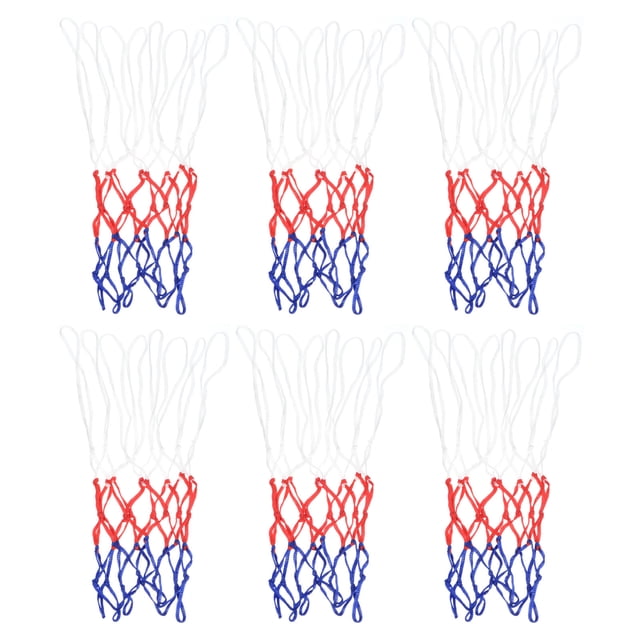 Unique Bargains 8 Loops PP Mini Basketball Hoop Net Replacement Rim Nets, White Red Blue 6 Pack. The image displays six replacement basketball nets with an 8-loop design in white, red, and blue. Constructed from sturdy PP material, these nets are resistant to wear, weather, and corrosion. Each net measures 43 x 30 cm (16.9 x 11.8 inches) with a rope diameter of 5.5 mm (0.22 inches). Ideal for small-size basketball hoops in outdoor, public, or professional practice settings.