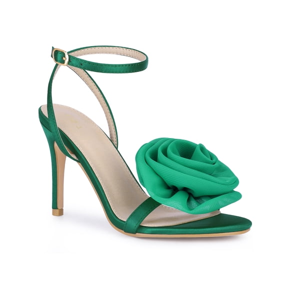 BLISSFUL STEP Women's Heels Flower Open Toe Slingback Stiletto Heels Ankle Strap Sandals Dark Green 8