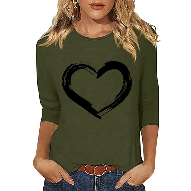 Plebaso Hauts Cœur pour Femmes Manches 3/4 Col Ras du Cou T-Shirts Graphiques Mignons Imprimés Blouses Décontractées pour Femmes