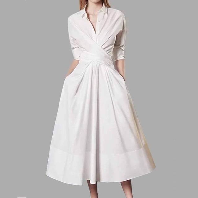 Styesk Robes pour Femmes Robe d'Été pour Femmes Mode Couleur Unie Bouton Lien Pli Poche Manches Longues Col Rabattu