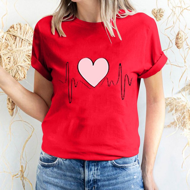 Pisexur Valentines Day T-shirt Top T-shirt à Manches Courtes Imprimé Amour de la Saint-Valentin pour Femmes Haut à Manches Courtes Col Rond Haut/chemise