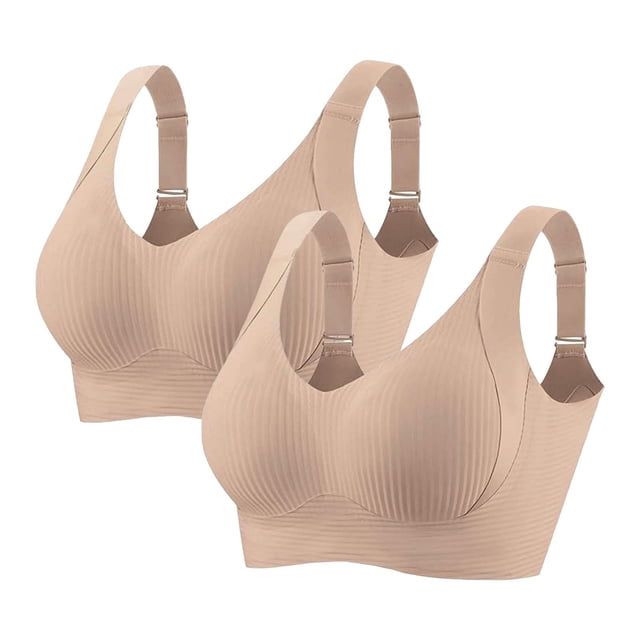 2 Pieces Women Plus Size Push-Up Bras No Underwire T-Shirt Bralettes Ribbed Full Coverage Sports Everyday Bras Beige, 38/85BCD