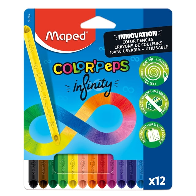 Maped Infinity Color Pencils x12 pack containing 12 triangular colored pencils in assorted colors including black, brown, green, yellow, orange, red, purple, and blue. These innovative pencils last 10 times longer than regular pencils, require no sharpening as they sharpen while coloring, and feature a patented design for better grip and double-sided use, suitable for school and creative activities.
