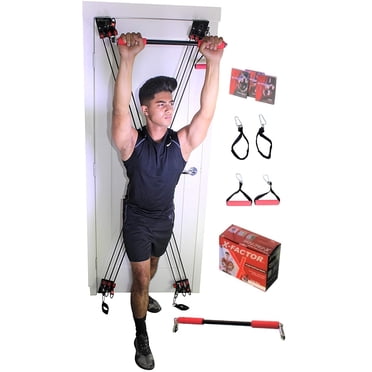 X Factor Door Gym Home Gym Complete Full Body Workout Total Exercise System, Multi Gym Doorway Fitness Strength Training + Straight Bar, 2 Padded Handles, 2 Ankle Straps, DVD, and Workout Chart