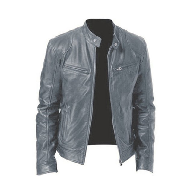 LUXUR Veste Homme Manches Longues Manteau Col Montant Tenue Décontractée Coupe Régulière Pardessus Cuir PU Gris 5TG