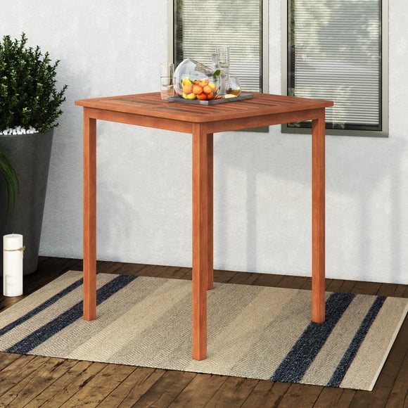 CorLiving Miramar Solid Wood Outdoor Bar Height Bar Table with Slatted Top and Umbrella Hole, Brown