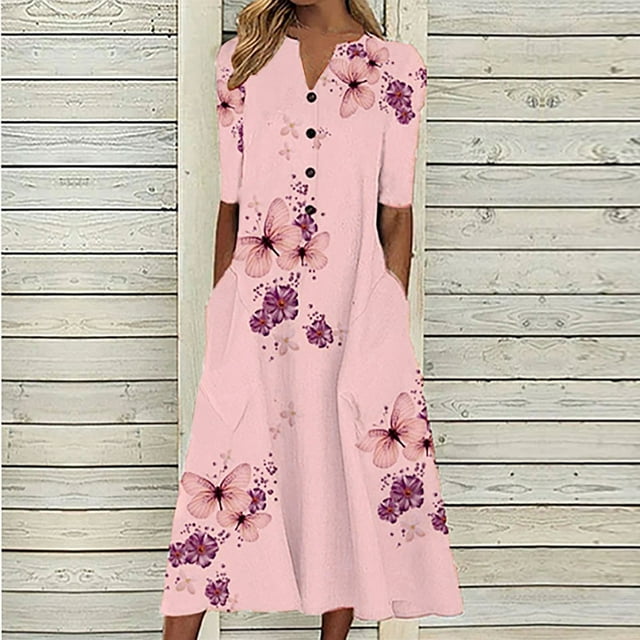 CHUANK Robes de Travail pour Femmes Liquidation Mode Dames Décontracté Ample Imprimé Papillon Col en V Manches Courtes Boutons Poches Longue Robe