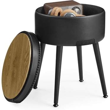 VASAGLE EKHO Collection - Storage Ottoman, Vanity Chair Stool, Synthetic Leather with Stitching, Mid-Century Modern, Round Storage Seat with Steel Legs, Loads 330 lb, Ink Black