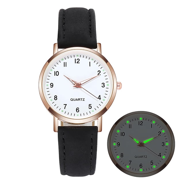 TopLLC Ear Stud Ladies Diamond-Studded Luminous Retro Female Watch Belt Quartz Watch featuring a round white dial with black numerals and rose gold-tone hands. The watch has a black imitation leather strap, a case diameter of 32.5mm, and a thickness of 8mm. The luminous feature highlights the hour markers and hands in low light. The inset image shows the watch glowing in the dark. Suitable for casual and formal occasions.