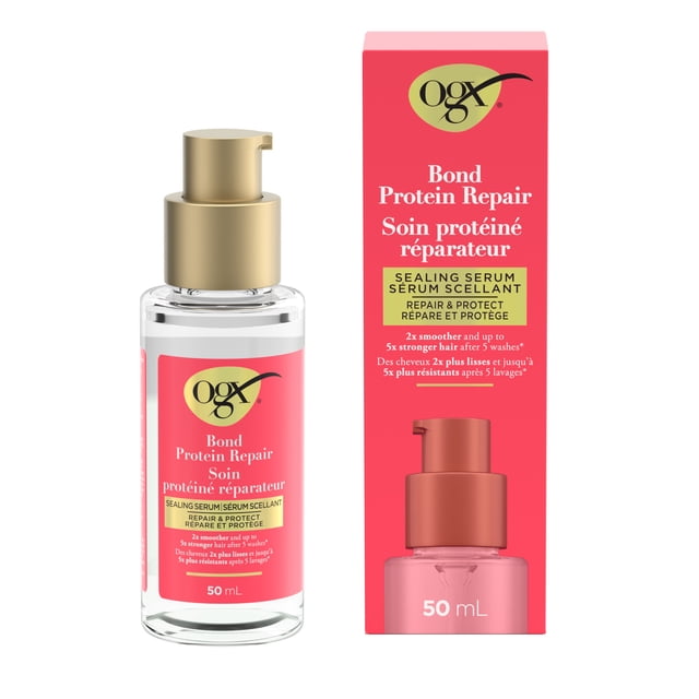 OGX® Repair Bond Protein Sérum Capillaire Réparateur et Protecteur 50 ml Bouteille Transparente avec Distributeur à Pompe Dorée à Côté de Sa Boîte Bilingue Rouge et Rose, Mettant en Valeur des Cheveux 2x Plus Lisses et jusqu'à 5x Plus Forts après Cinq Lavages pour Revitaliser les Cheveux Abîmés.