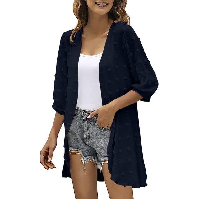 Qertyioot Cardigan Ouvert pour Femme Couleur Manches Trois Quarts Hauts Décontractés Blouse