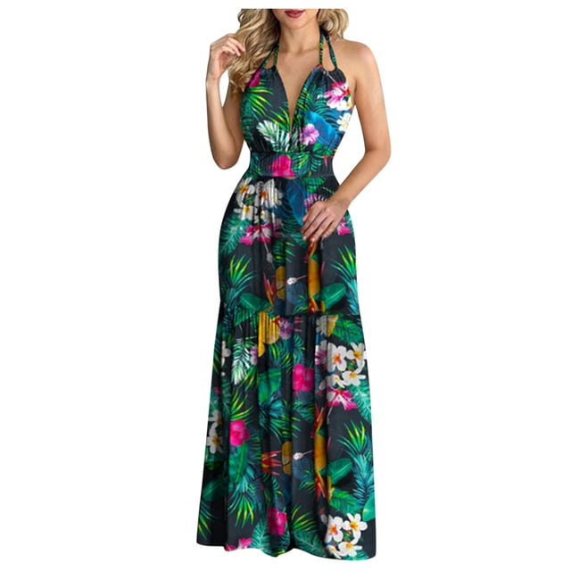 bbymog Robes Femmes Femmes Plage Mode Imprimé Tropical Été Col en V Sans Manches Robe Nuisette Décontractée Coupe Ample Longues Robes pour Femmes Noir TG