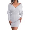 thumbnail image 2 of EGNMCR Robes de Vacances pour Femmes Mode Décontractée Col en V Tricoté Sac Hanche Couleur Unie Robe à Manches Longues, 2 of 8