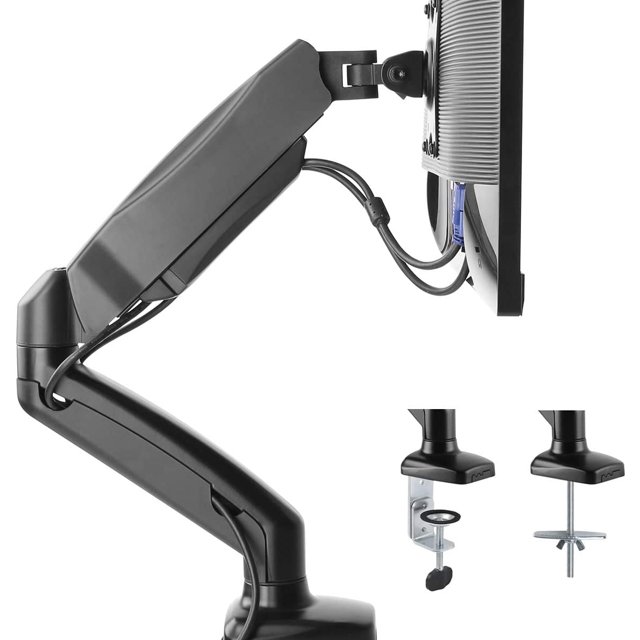 Bras de Montage de Bureau pour Moniteur LCD LED Simple par SYSON, Doté d'Un Bras à Ressort à Gaz Entièrement Ajustable compatible avec les Moniteurs de 17 à 32 Pouces. le Support Noir Mat Prend en Charge les Motifs VESA 75x75 et 100x100, avec une Capacité de Charge de 4,4 à 19,8 Lb. Il Comprend la Gestion des Câbles pour un Espace de Travail Ordonné et Offre des angles de Mouvement Complets pour l'Inclinaison, la Pivotement et la rotation. le Bras s'Étend jusqu'à 17,7 Pouces et Convient aux installations
