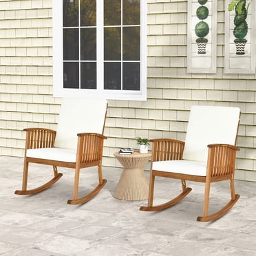 Gymax Lot de 2 Chaises Berçantes en Bois pour Patio, Pelouse, Jardin, Extérieur, avec Coussin d'Accoudoir