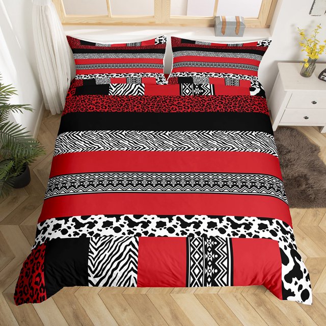 Housse de Couette à Imprimé Léopard Géométrie Aztèque Ensemble de Literie pour Femmes Hommes Garçons Filles, Housse de Couette Patchwork à Rayures Rouges Framboise Peau d'Animal Africaine Ensemble de Lit Simple, Grand Félin Aquarelle Taches de Guépard Déco de Chambre