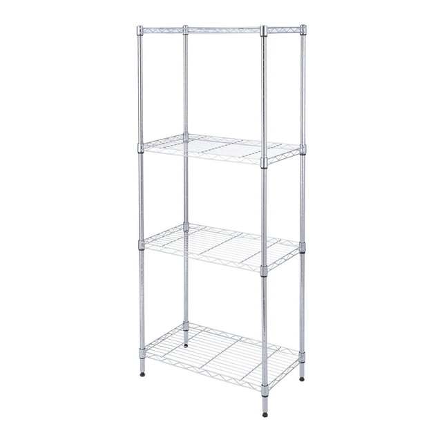 Mainstays 4-Tier Wire Shelving Unit metal storage rack with adjustable-height wire shelves and durable iron frame in silver, measuring 13 by 23 by 54 inches, ideal for garage, pantry, laundry, or bathroom organization with customizable shelf spacing.