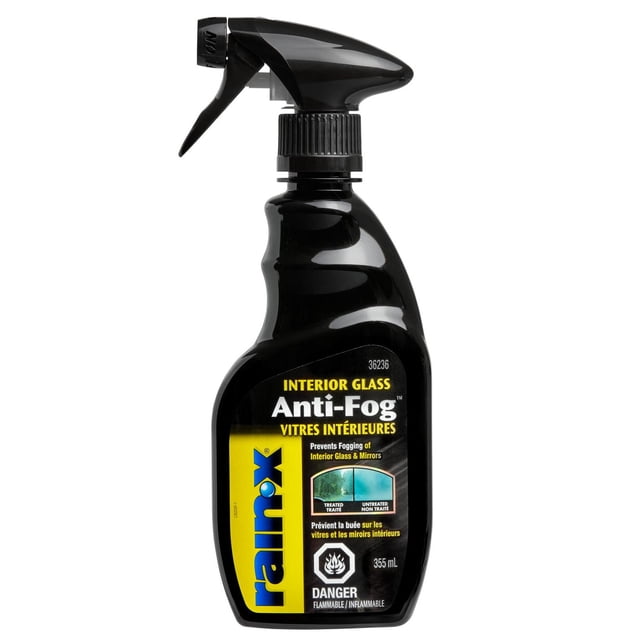 Rain-X Anti-Fog Interior Glass Treatment 355 mL spray bottle with black trigger nozzle, designed to prevent fogging and steaming on automotive and marine interior glass and mirrors, improving visibility and repelling dust for effective automotive maintenance.