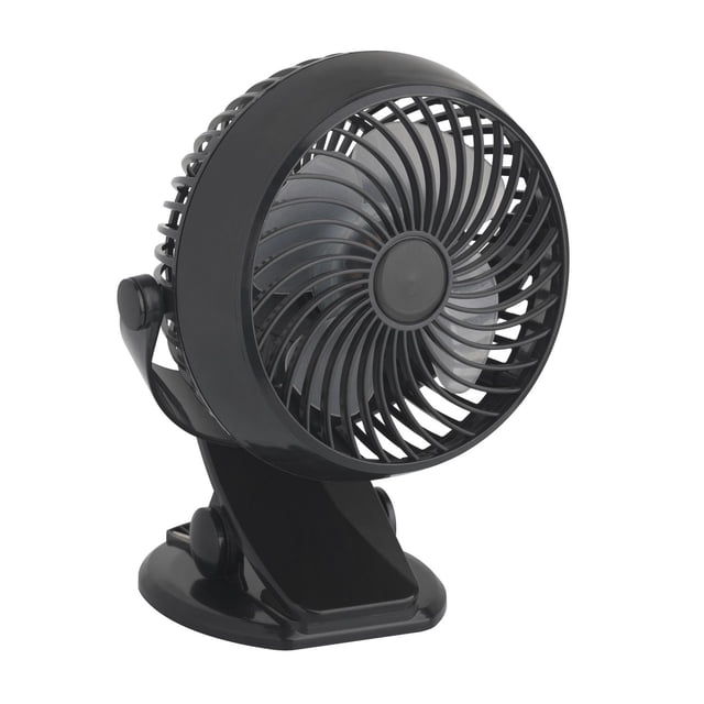 Mainstays Rechargeable Clip Fan in Black front-facing 4" blade portable clip fan with black plastic housing and clamp base, adjustable air-out angle, three speeds (low, mid, high), USB cord included and 2000mAh rechargeable battery; suitable for desk, bedside or clipped to surfaces.