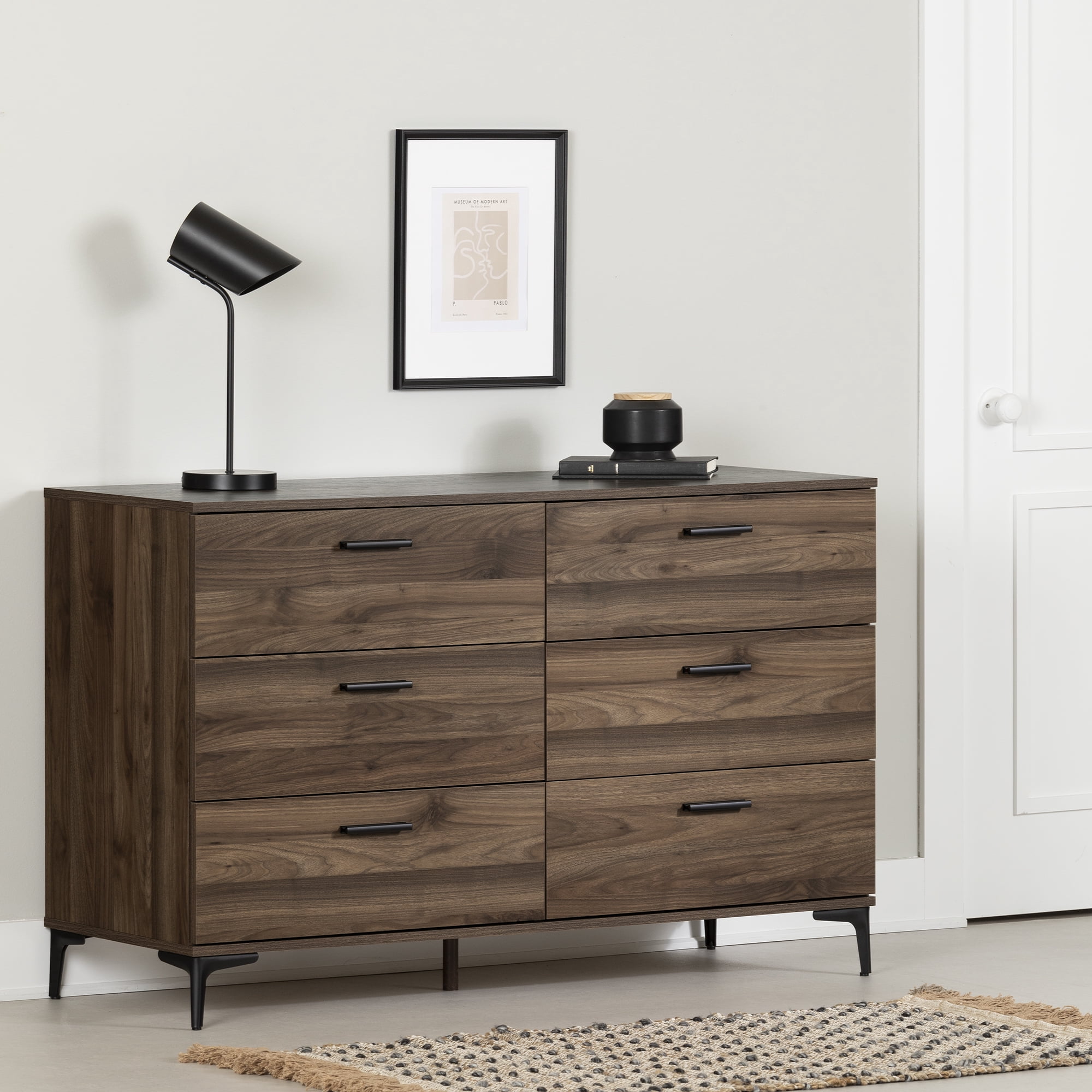 Commode 6 tiroirs à pattes en métal pour Adulte, fini Noyer naturel, collection Musano de Meubles South Shore