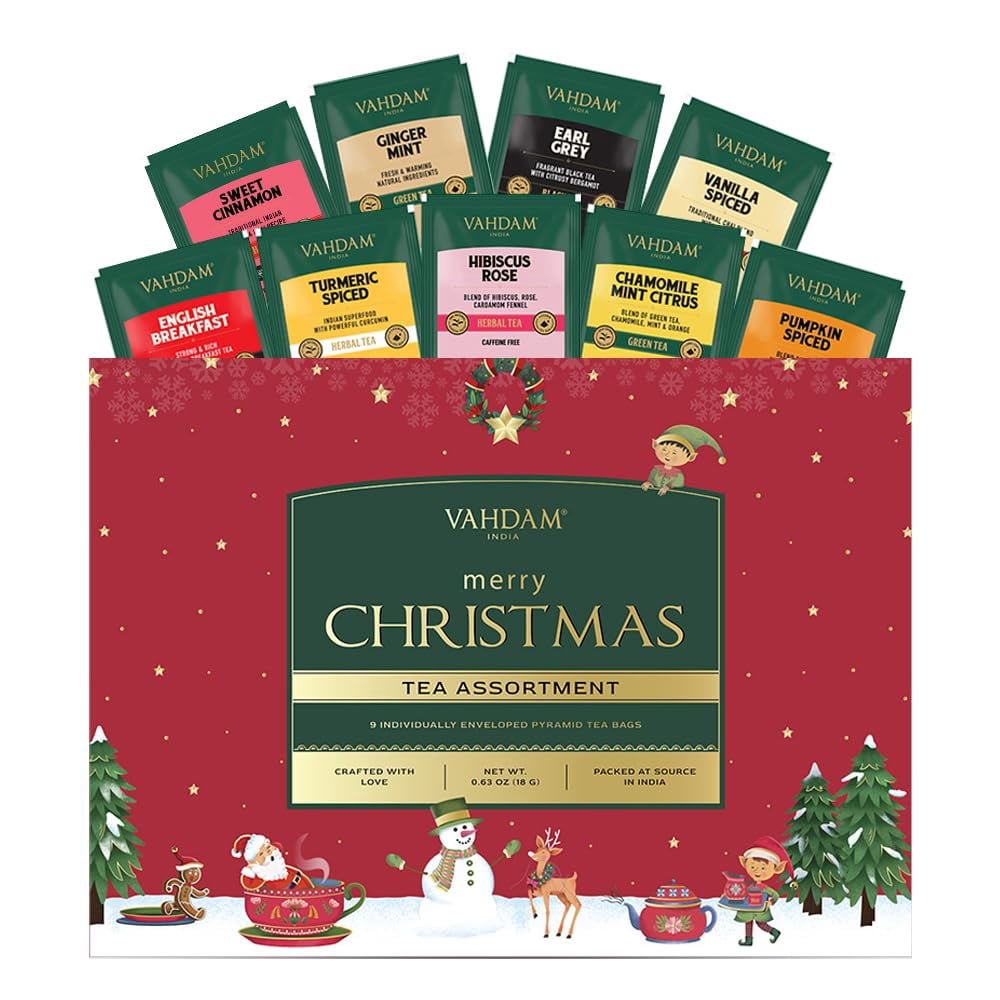 VAHDAM Merry Christmas Tea Gift Set (9 Individually Wrapped Tea Bags) Limited Edition