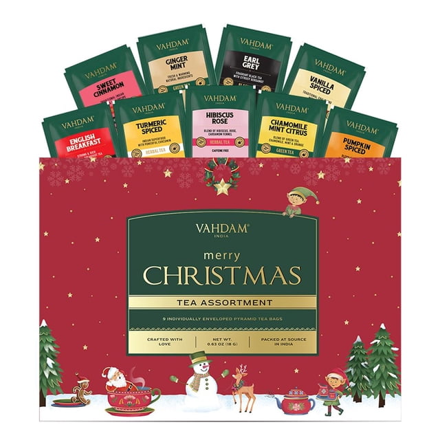 VAHDAM Merry Christmas Tea Gift Set featuring 9 individually wrapped tea bags in a festive red and green box with holiday-themed illustrations. The assortment includes flavors like Sweet Cinnamon, Ginger Mint, Earl Grey, and more, making it a perfect limited edition gift for the holiday season.