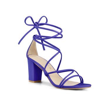 BLISSFUL STEP Women's Shoes Open Toe Lace Up Block Heel Strappy Heels Dark Blue 10.5