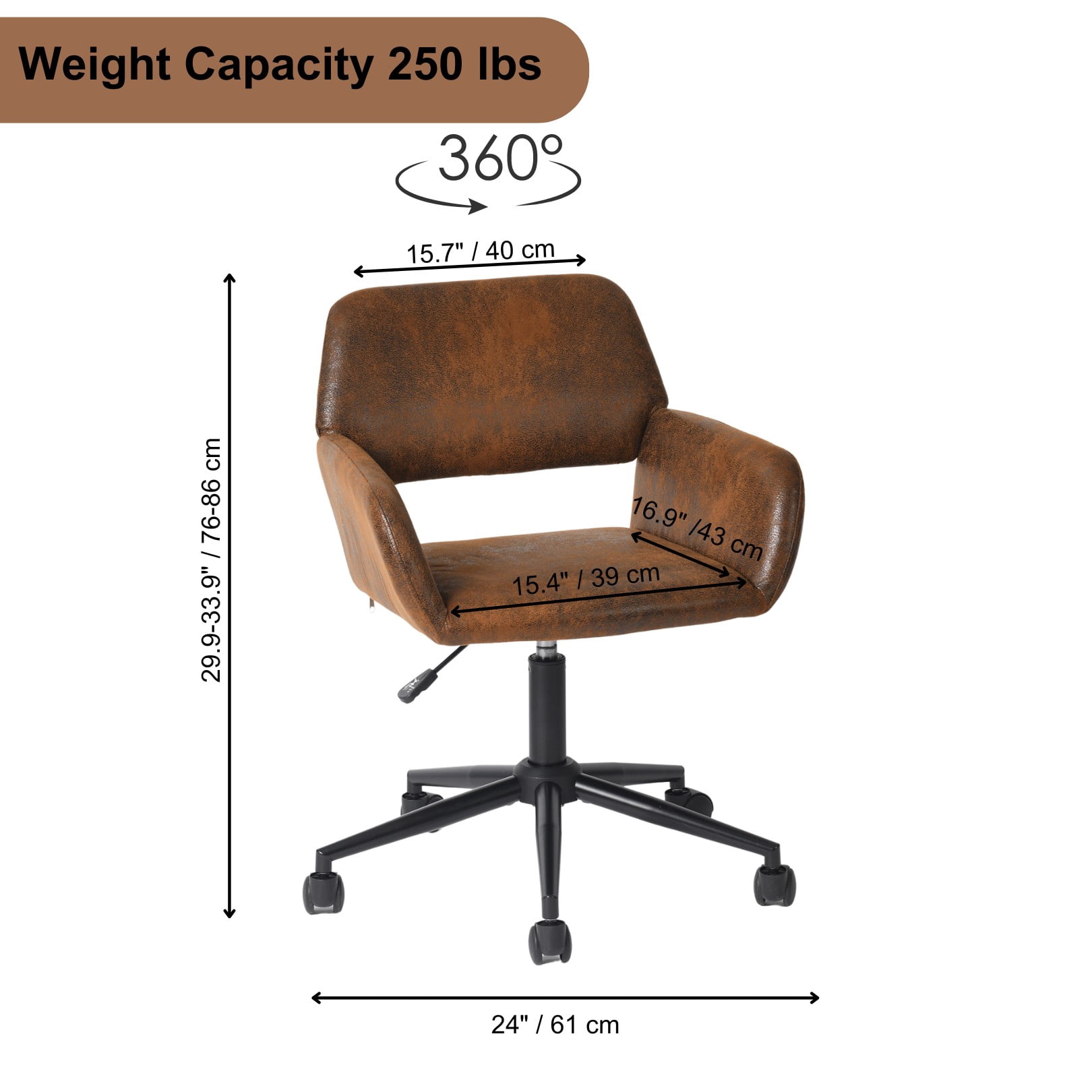 Chaise de bureau Homy Casa, réglable, avec revêtement en similicuir, dossier ergonomique, pivotante, marron