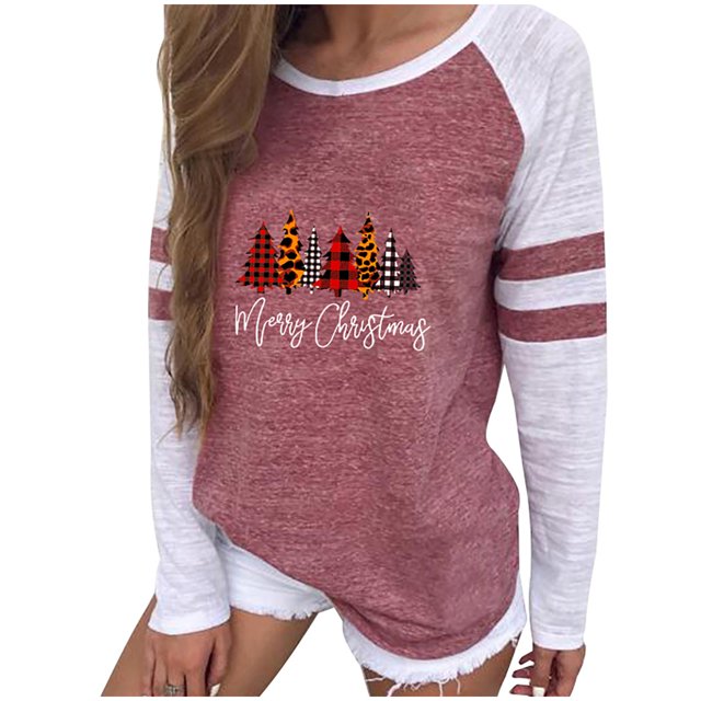 Chandails pour Femmes Imprimé Patchwork T-Shirt à Col Rond Décontracté Tee de Noël Blouse Hauts Blouses d'Été pour Femmes 2023 en Liquidation