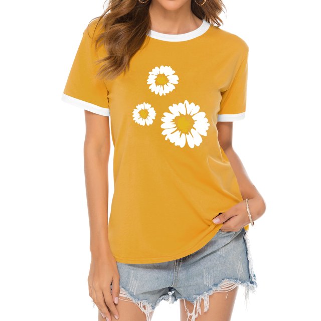 Women Floral Daisy Print Color Block Short Sleeve Crew Neck Summer Tee Shirt