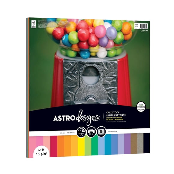 Astrodesigns Assorted Color Cardstock Paper, Starter Pack, 12 x 12 in, 65 lb, 36 Sheets