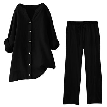 Timegard Ensembles 2 Pcs pour Femmes Grande Taille Manches Longues Col en V à Encoche Chemises Boutonnées Pantalons à Cordon Ensembles de Détente