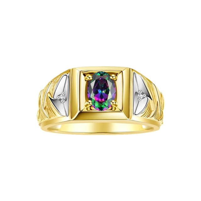 RYLOS Men's Rings 14K Yellow Gold Rings Designer Weave Band 7X5MM Oval Gemstone & Diamond Ring Alexandrite June Birthstone Rings For Men, Size 11