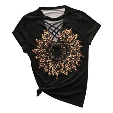 LUOGENLI T-shirts pour Femme pour Femmes Femmes Mode Été Tournesols Imprimé Manches Courtes T-Shirt Hauts T-shirts pour Femmes T-shirts Graphiques T-shirts Pêche Saint-Valentin Noir P