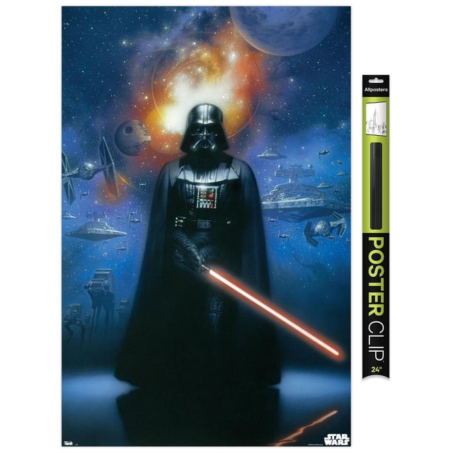 Star Wars : Saga - Vader dans l'Espace Affiche Murale, 22,375 Pouces x 34 Pouces Représentant Darth Vader avec un Sabre Laser Rouge dans une Scène Spatiale Remplie d'Étoiles Incluant des Planètes, l'Étoile de la Mort, des Combattants TIE, des Destructeurs d'Étoiles et des Marcheurs AT-AT, Imprimée sur Papier Lustré pour une Déco Murale Vibrante.