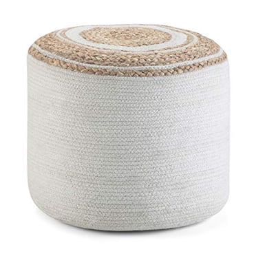 SIMPLIHOME Serena Round Pouf, Footstool, Upholstered in Natural Cotton with Hand Braided Jute, for the Living Room, Bedroom and Kids Room, Contemporary, Modern