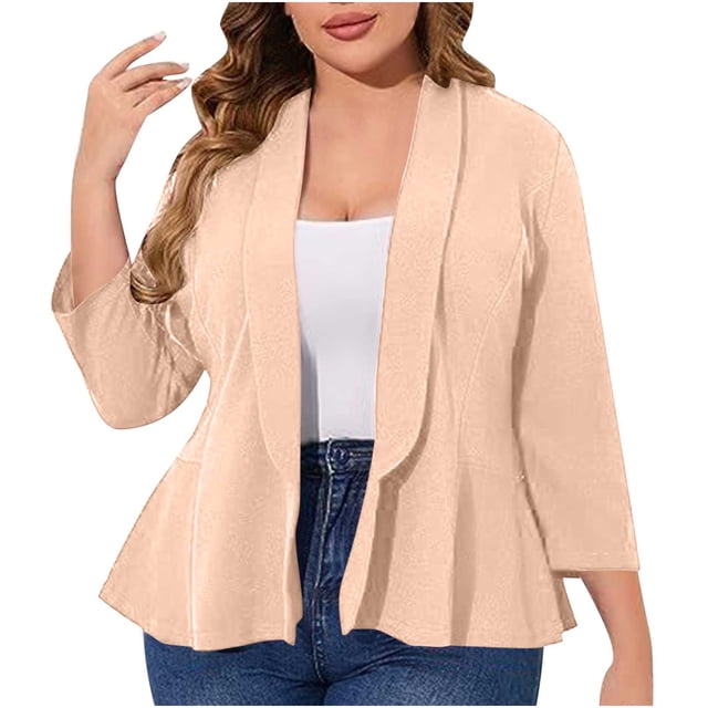 AherBiu Plus Size Blazer Jackets for Women Open Front Ruffle Lapel Business Casual Office Work Outwear