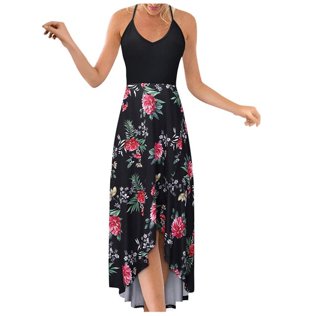 AMERTEER Robe Aguichant à Imprimé pour Femmes, Mode Décontractée, Col en V, Sans Manches, à Bretelles, Dos Ouvert, avec Corsage Noir, Décolleté en V Profond et Fines Bretelles, Assortie à une Jupe Fluide à Imprimé floral dans des Tons Rouges et Verts Vibrants. l'Ourlet Asymétrique et le Dos Ouvert la Rendent Adaptée aux Sorties Décontractées, aux Événements d'Été Ou aux Tenues de Plage.
