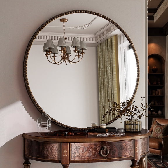 BEAUTYPEAK 28" Round Large Vintage Mirror Decorative Bathroom Mirror, Antique Bronze