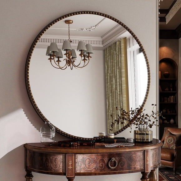 BEAUTYPEAK 28" Round Large Vintage Mirror Decorative Bathroom Mirror, Antique Bronze