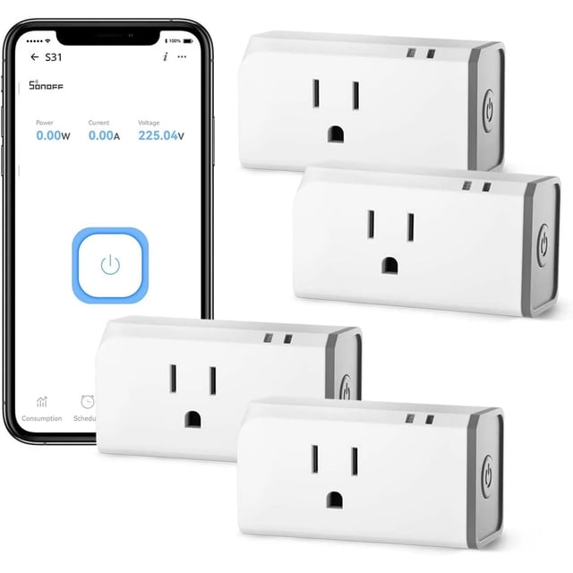 SONOFF Smart Plug with Energy Monitoring, APP & Voice Control, compatible with Alexa and Google Home, shown in a pack of four. Each plug features a compact white design with grey accents and a single outlet. The image also displays a smartphone screen running the eWeLink app, showcasing real-time energy monitoring data, including power, current, and voltage readings. Ideal for home and commercial use, these Wi-Fi-enabled plugs support remote control, scheduling, and power usage tracking.