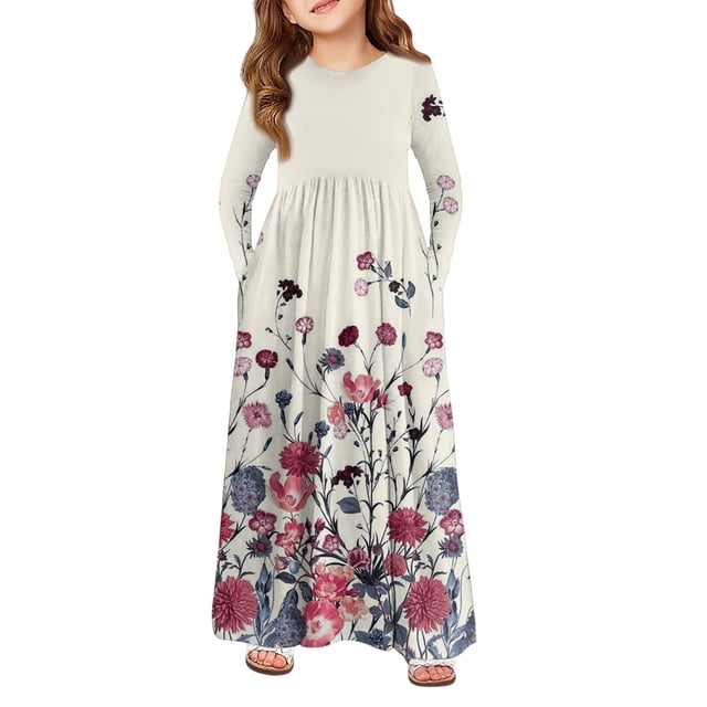 Teen Girls Tiered Maxi Dress, Solid Color Layered Ruffle Dress with Pockets, Bohemian Style for Party, Photo Shoot, and Holiday. 110Beige