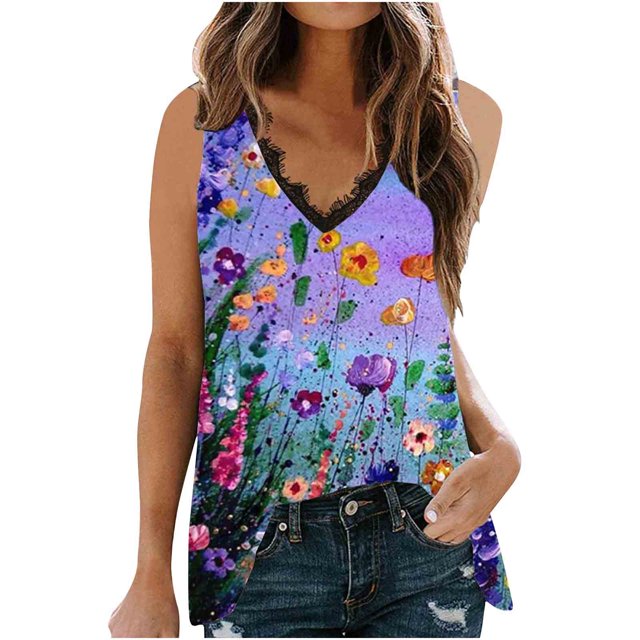 Cameland Débardeur Blouse Sans Manches à Col en V en Dentelle Patchwork Imprimée pour Femme