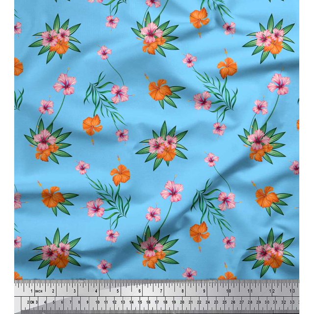 Soimoi Poly Georgette Fabric Leaves & Floral Printed Fabric 1 Yard 52 Inch Wide