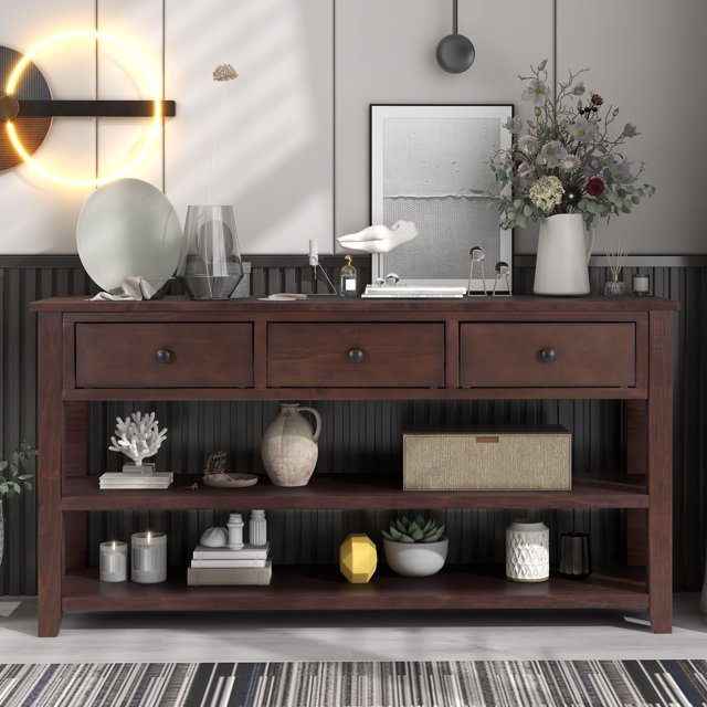 MODERNLUXE Table Console de 50 Pouces, Table de Canapé Rétro avec 3 Tiroirs, Étagères Ouvertes et Cadre en Bois pour Salon, Espresso