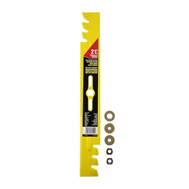MTD 21-inch Universal Xtreme Lawnmower Blade in yellow with jagged mulching edges and central mounting hole, shown with three washers and two nuts, designed for heavy-duty 3-in-1 mulching, bagging, and cutting performance compatible with most lawnmower brands.