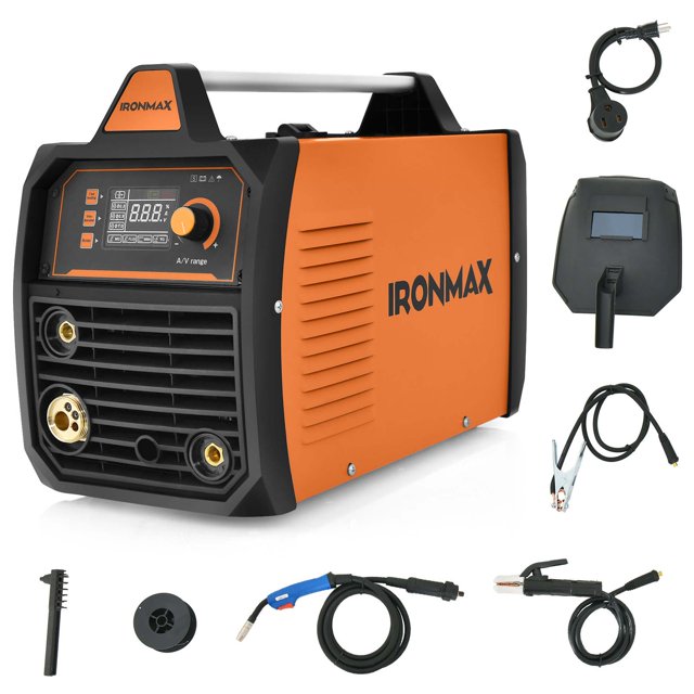 IRONMAX 110/220V Stick Welder 160 Amp Digital Inverter IGBT Welding Machine with an orange and black design, featuring a clear LCD display and control knob. Includes accessories such as a welding torch, electrode holder, earth clamp, mask, brush, and welding wire. This 4-in-1 multifunctional welder supports MIG, TIG, MMA, and flux core welding, suitable for materials like stainless steel and aluminum. Equipped with safety features like overheat, overload, and overcurrent protection, and a portable handle for easy transport.