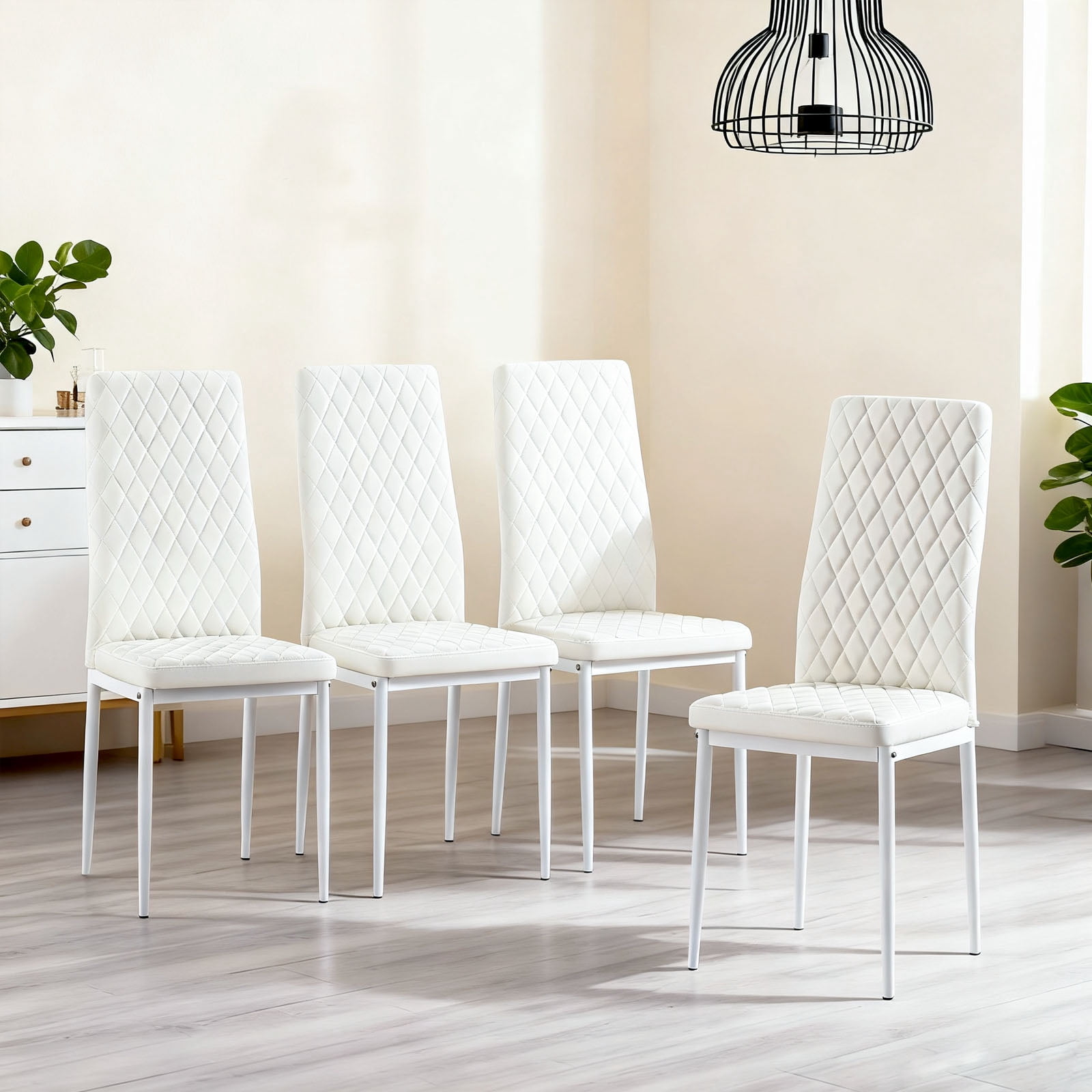 Noble House Modern Dining Chair Set of 4, Fireproof Leather Upholstery with Diamond Grid Pattern and Metal Frame,White